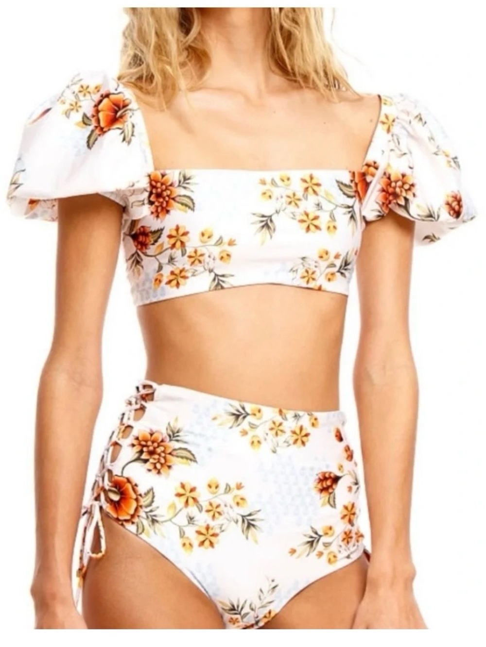 Agua Bendita Calista Floral Puff-Sleeve Bikini Reversable